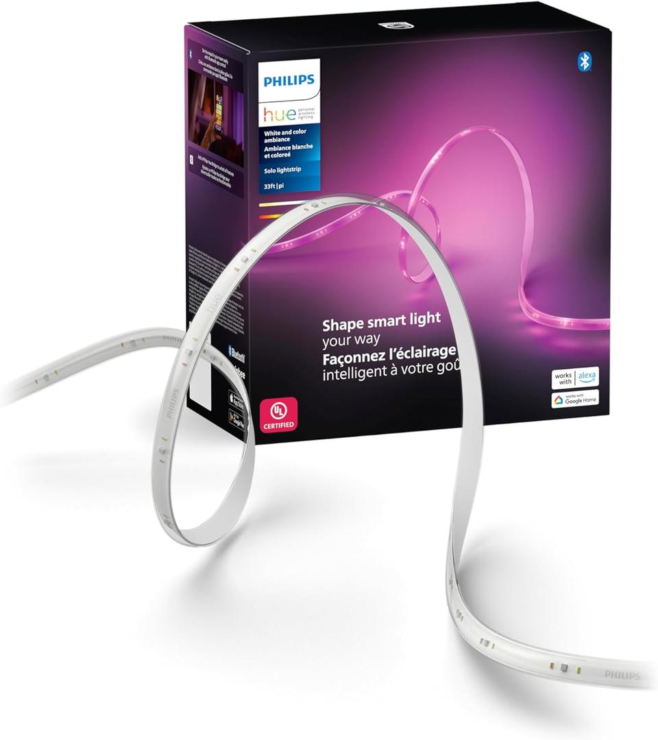 Philips Hue Indoor 33 Ft Smart LED Solo lightstrip Base Kit - 1 Pack - Control with Hue App - Compatible with Alexa, Google Assistant and Apple HomeKit