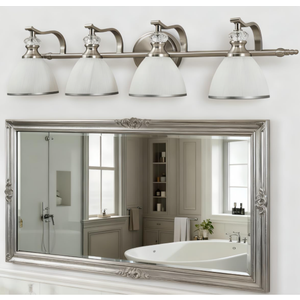 ANDY STAR Bathroom Light Fixtures Over Mirror, 4-Light Brushed Nickel Vanity Lights for Bathroom, 27.8 Inch Vintage Wall Sconce with Milk White Bell Glass Shades, Rustproof Silver Finish, E26 Base