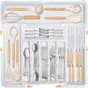 Homecor Silverware Organizer for Kitchen Drawer, Expandable Utensil Drawer Organizer with 2 Knife Block, Flatware and Cutlery Holder, Adjustable Plastic Storage for Spoons Forks Knives (White)