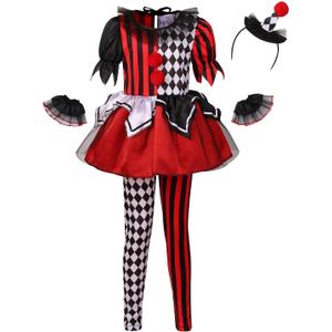 LMYOVE Girls Clown Costume, Halloween Dress Up for Kids (Large, Red&black)