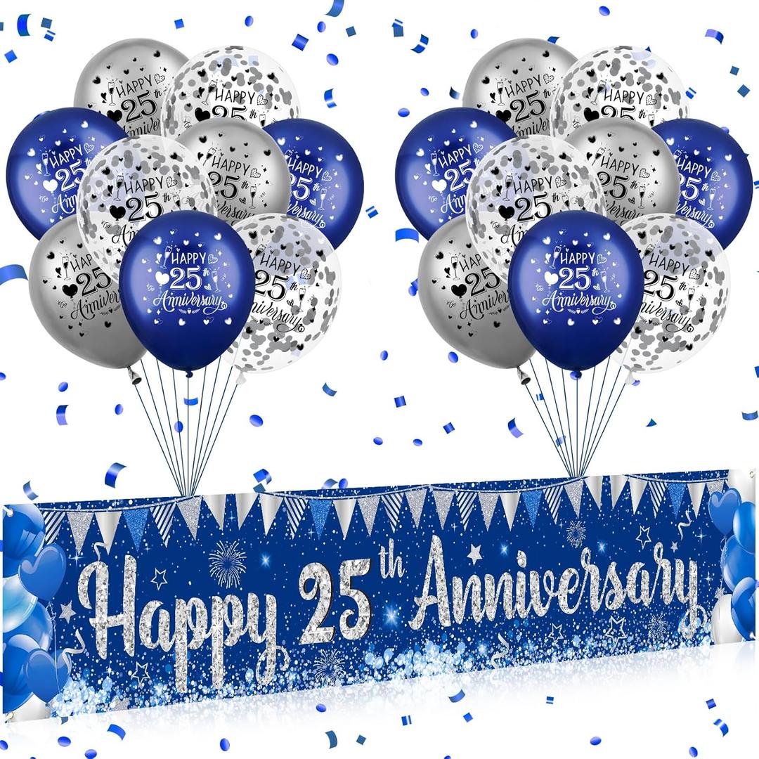 Blue Silver 25th Anniversary Decorations for Men Women, Blue Happy 25th Anniversary Banner and 18Pcs Balloons for 25 Years Silver Wedding Party Decoration Supplies