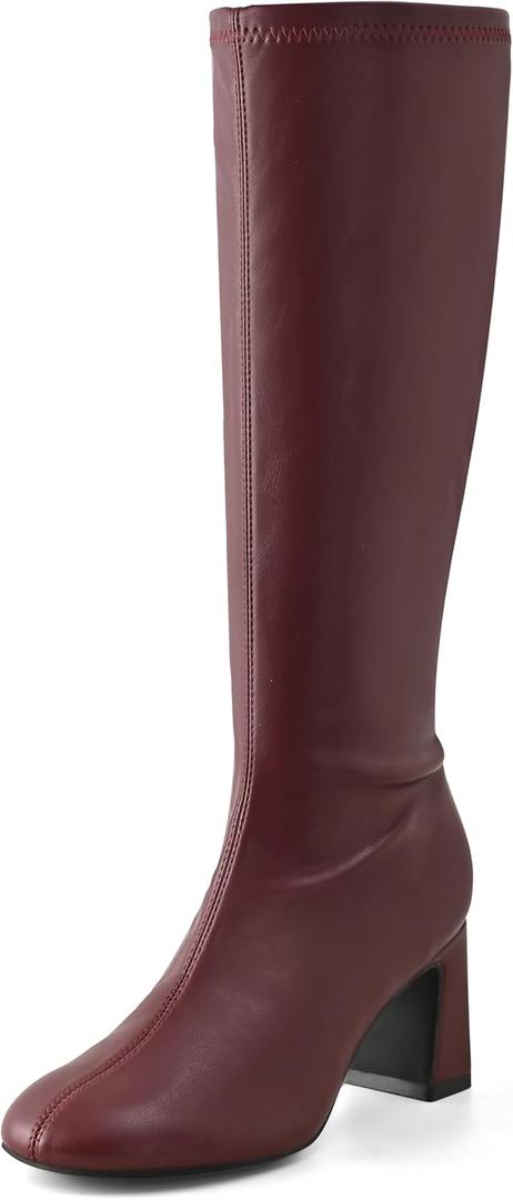 Women's Knee High Boots Elastic Stylish Block Heel Round Toe with Smooth Zipper Design for Fashion Versatile Wear (8, Burgundy)