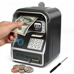 Piggy Bank for Kids Electronic ATM with Password Fingerprint Unlock for Real Money, Children Cash Coin Bank Birthday Gifts for 3 4 5 6 7 8 9 10 11 12 Year Old Boy Girl(Black/Silver)