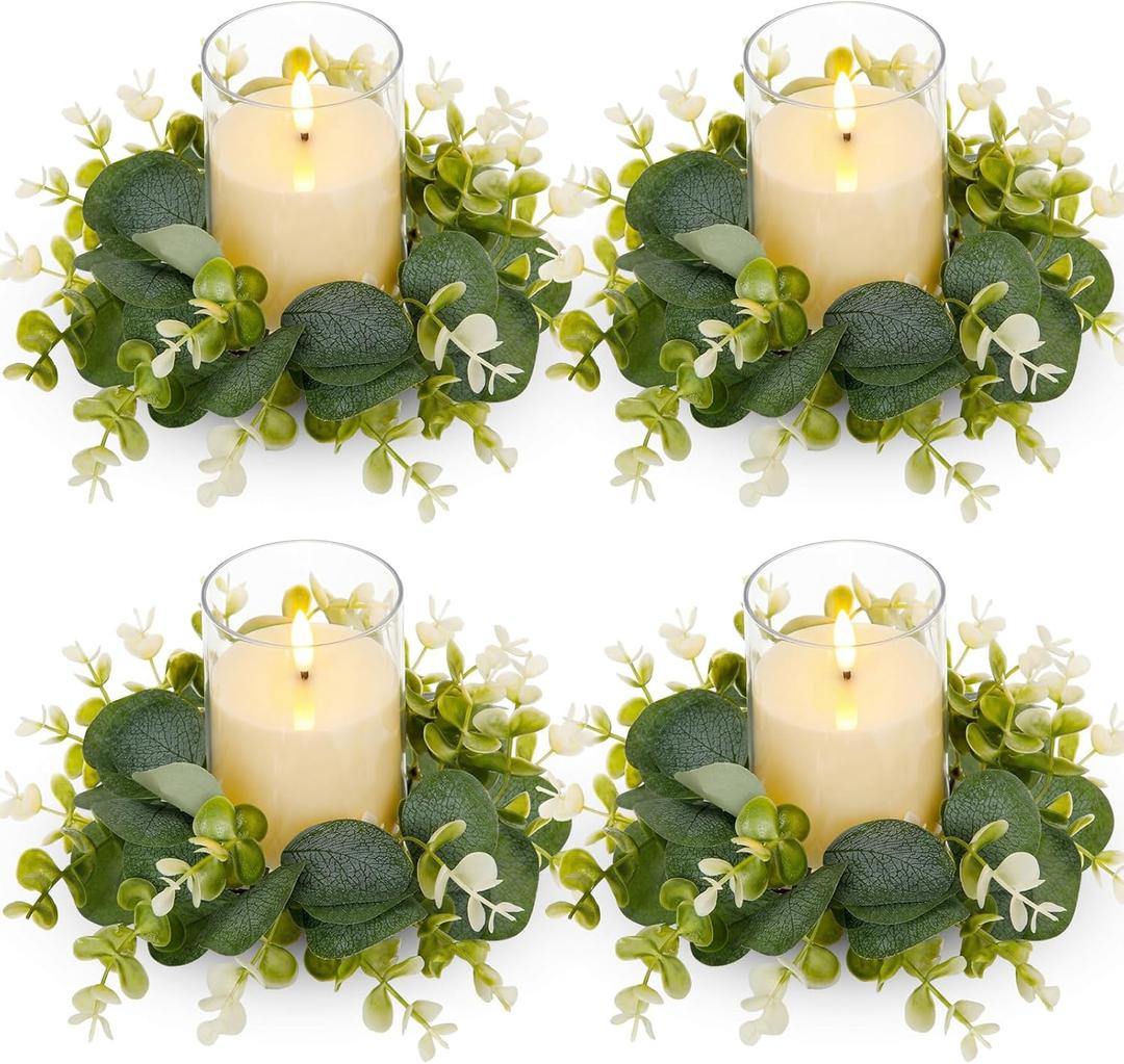 Yunlly 4 Pcs Candle Wreaths Rings Artificial Eucalyptus Wreaths Candle Holder Rings with LED Flameless Candles, 9.5" Wide for Wedding Windows Table Centerpieces, Green and White