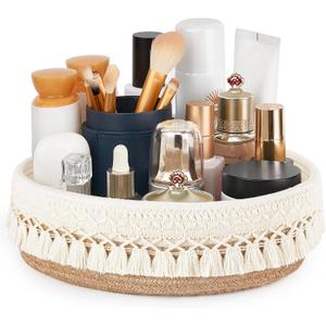 Mkono Makeup Perfume Holder Organizer Macrame Decorative Woven Rope Basket Boho Decor Cosmetics Desk Storage Baskets for Dresser Skin Care Lotions Essential Oils Dorm Room Essentials,Yellow and White