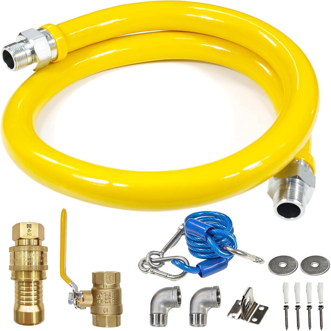 Safety System Kit, 3/4 In ID 48" Gas Hose Connector Kit with Elbows Quick Disconnect Gas Line Hose Full Port Gas Valve Restraining Device and Swivel Connector for Commercial
