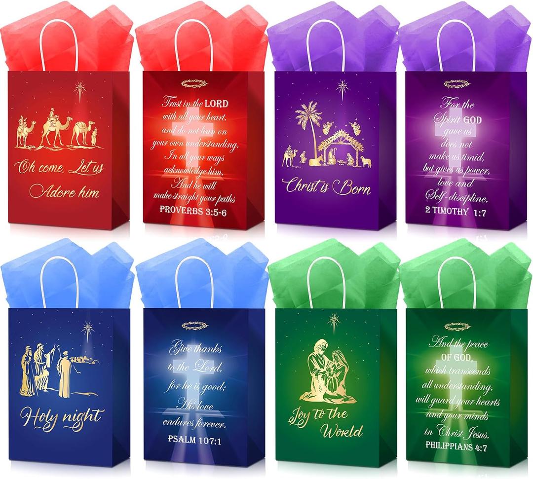 Pasimy 48 Pcs Christmas Nativity Gift Bags 24 Paper Christian Religious Favor Bags with 24 Tissues Bible Verse Treat Bag for Christmas Nativity Religious Party Decorations Supplies