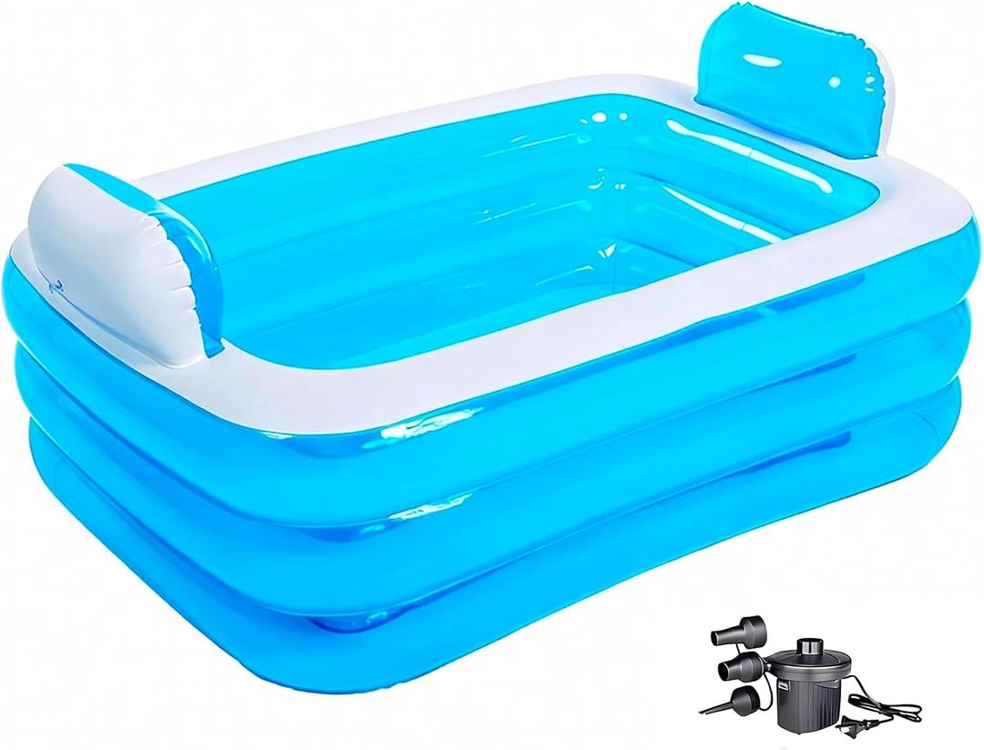 Inflatable Adult Bath Tub 2 Person,Freestanding Blow Up Bathtub with Foldable Portable Feature for Adult Spa,Indoor and Outdoor Universal Folding Pool with Electric Air Pump (Blue, 63"x43.3"x21.6")