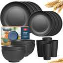 Teivio 16-Piece Kitchen Plastic Wheat Straw Dinnerware Set, Service for 4, Dinner Plates, Dessert Plate, Cereal Bowls, Cups, Unbreakable Plastic Outdoor Camping Dishes, Black