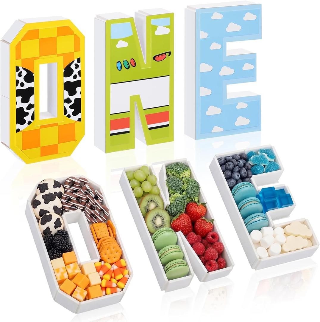 Yalikop One Letter Large Cardboard Charcuterie Boards 1st Table Centerpieces Decor Letter Trays for Food 1st Birthday Anniversary Baby Shower Party Dessert Table and Photo Props(Cartoon Style Theme)