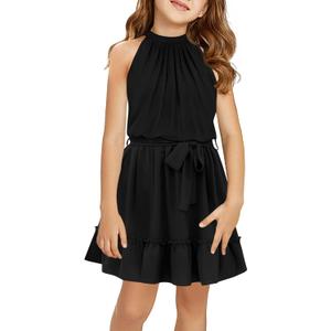 Newffr Girl's Halter Neck Sleeveless Summer Dress Tie Waist A-line Sundress Mini Swing Pleated Dress for Girls 4-12 Black