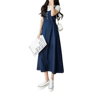 CHARTOU Women's Elegant Straps Back Smocked A-Line Long Skirt Denim Overall Pinafore Dress (Blue, XXL)