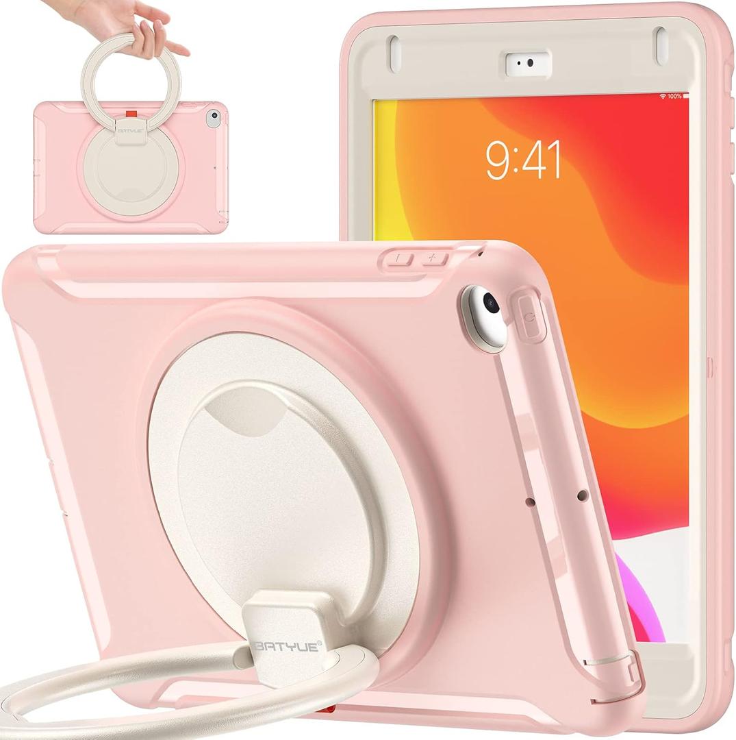BATYUE for iPad mini 5/4 7.9 Inch Case (2019/2015),Shockproof Protective Cover with Pencil Holder, 360° Rotating Stand for Kids and Adults - cherrypink (A1-Ring Kickstand(Cherry Pink))
