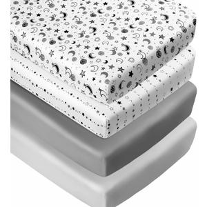 4 Pack Star and Moon Neutral Unisex Fitted Baby Crib Sheets Set for Baby Boys or Girls, 52"L x 28"W