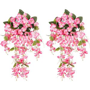 2 Pcs Fake Hibiscus Flowers Artificial Hanging Flowers Plants Outdoors Realistic UV Resistant Spring Summer Decor Red Pink Silk Faux Hibiscus Flower Trailing Vines for Front Door Porch Outside