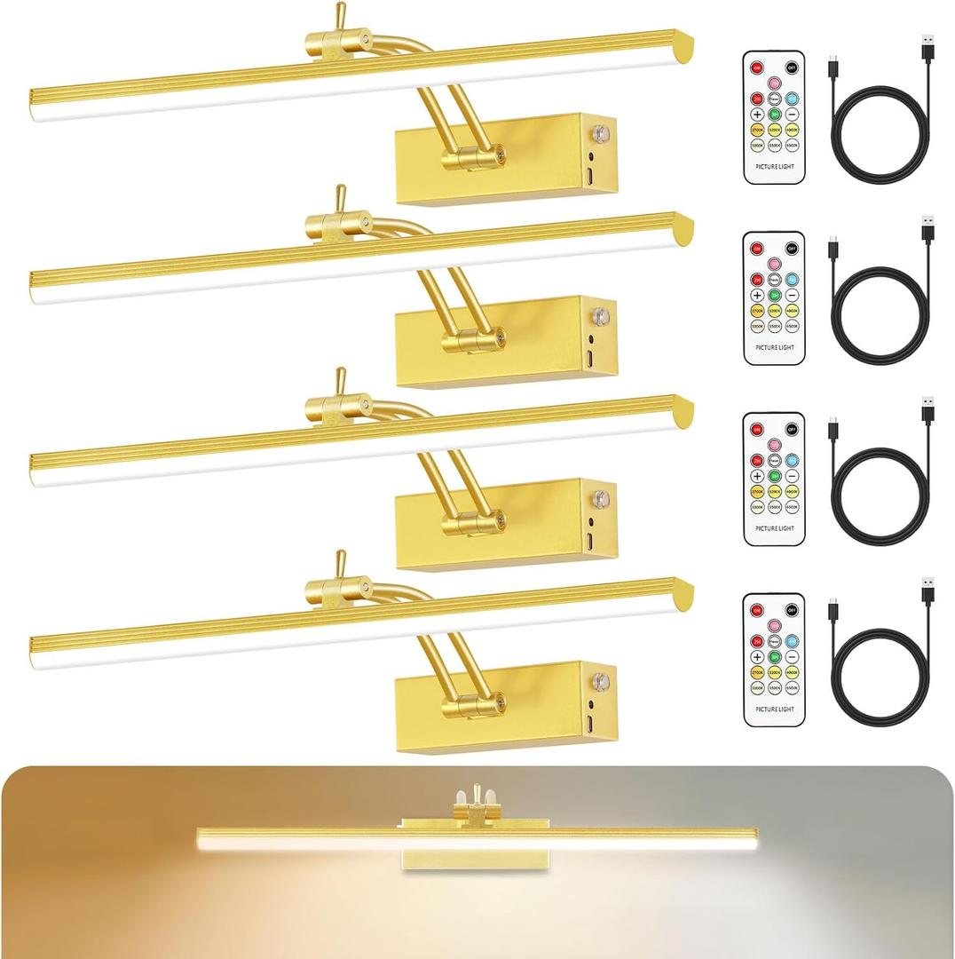 YAYIT 6 Colors Picture Lights for Wall, 16in Battery Operated Picture Light Rechargeable with Remote Timer, Dimmable Art Light for Wall Painting, Display, Gallery, 4 Pack (Gold)