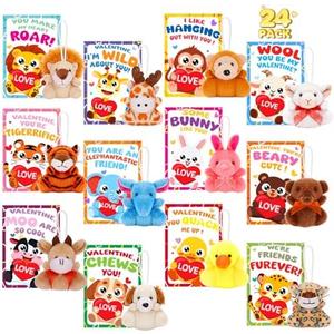 Valentines Day Cards for Kids School, 24 Packs Valentines Cards with Stuffed Animal Toys, Perfect Plush Animal Key Chains for Valentine Day Party Favors, Ideal Exchange Cards for Boys Girls Classroom