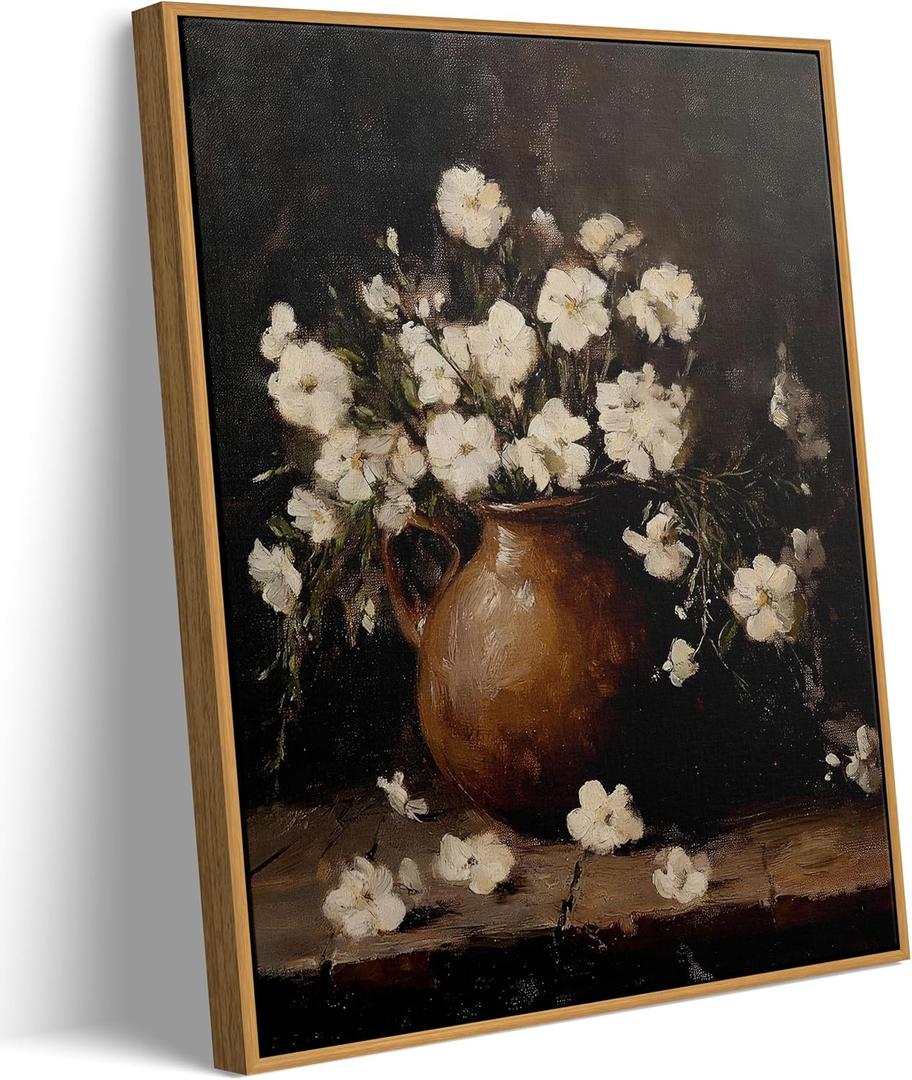 Framed Farmhouse Rustic Flower Wall Art Retro Moody White Floral Canvas Painting Vintage Country Flower Pictures Wall Decor Vintage Still Life Floral Picture Artwork for Living Room Bedroom 12x16 Inch