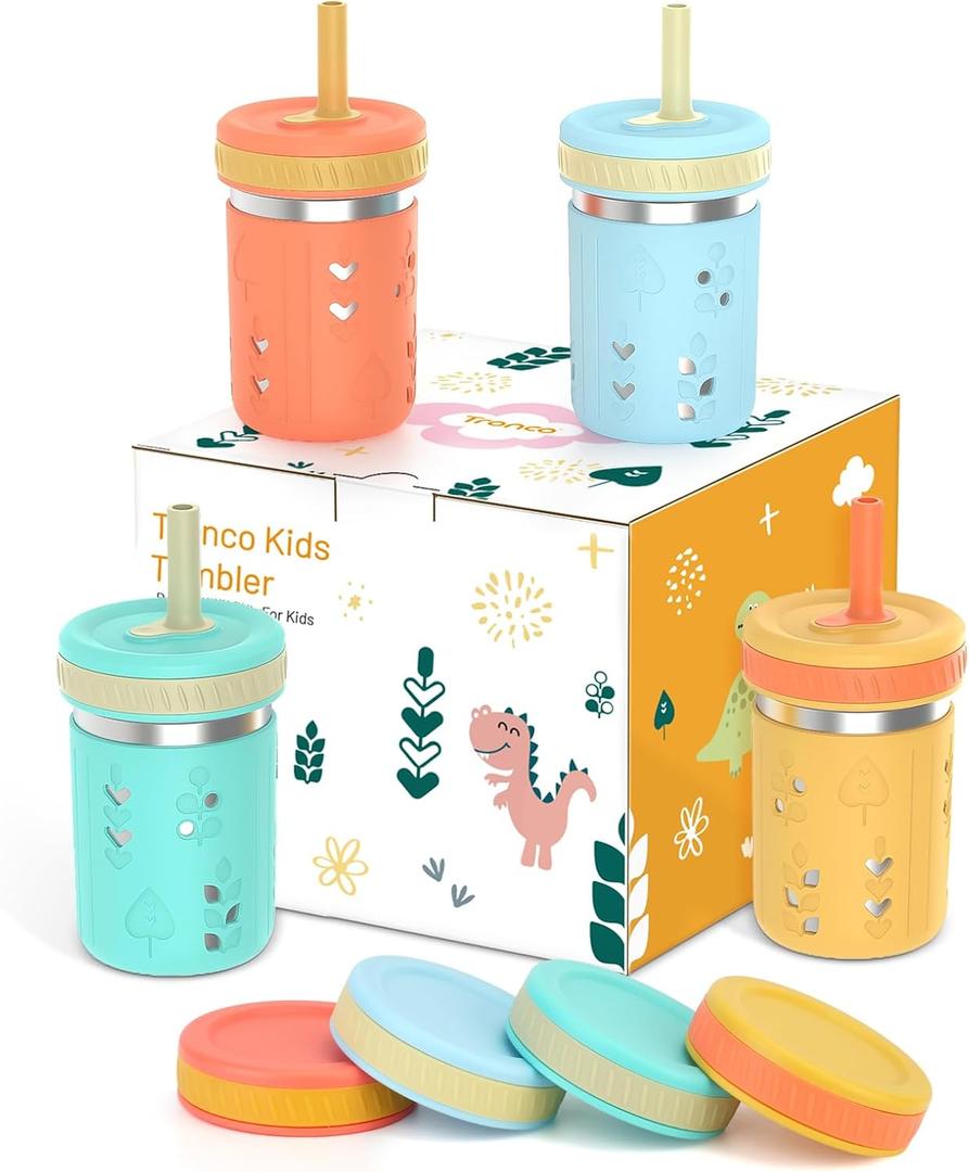 Tronco [4 Pack] 10 oz 2-in-1 Stainless Steel Kids Tumbler Cups with Silicone Sleeves, Spill-Resistant Flexible Straws & Storage Lids, BPA-Free Smoothie and Snack Cups, Dishwasher Safe (Sea foam Green,Sky Blue,Mango Yellow,Croal Orange)