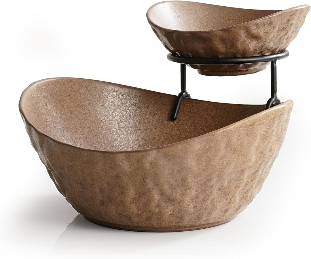 2 Tierd Fruit Bowl Set with Metal Stand Porcelain Fruit Basket for Kitchen Counter Fruit Holder Food Display Set for Party Fruit, Vegetable, Snack, Nuts, Brown