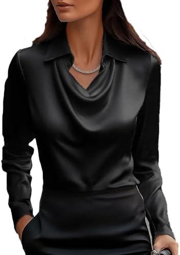 Women's Elegant Solid Satin Cowl Neck Blouse Long Sleeves Casual Business Dressy Shirts Office Work Ladies Top (Black, M)