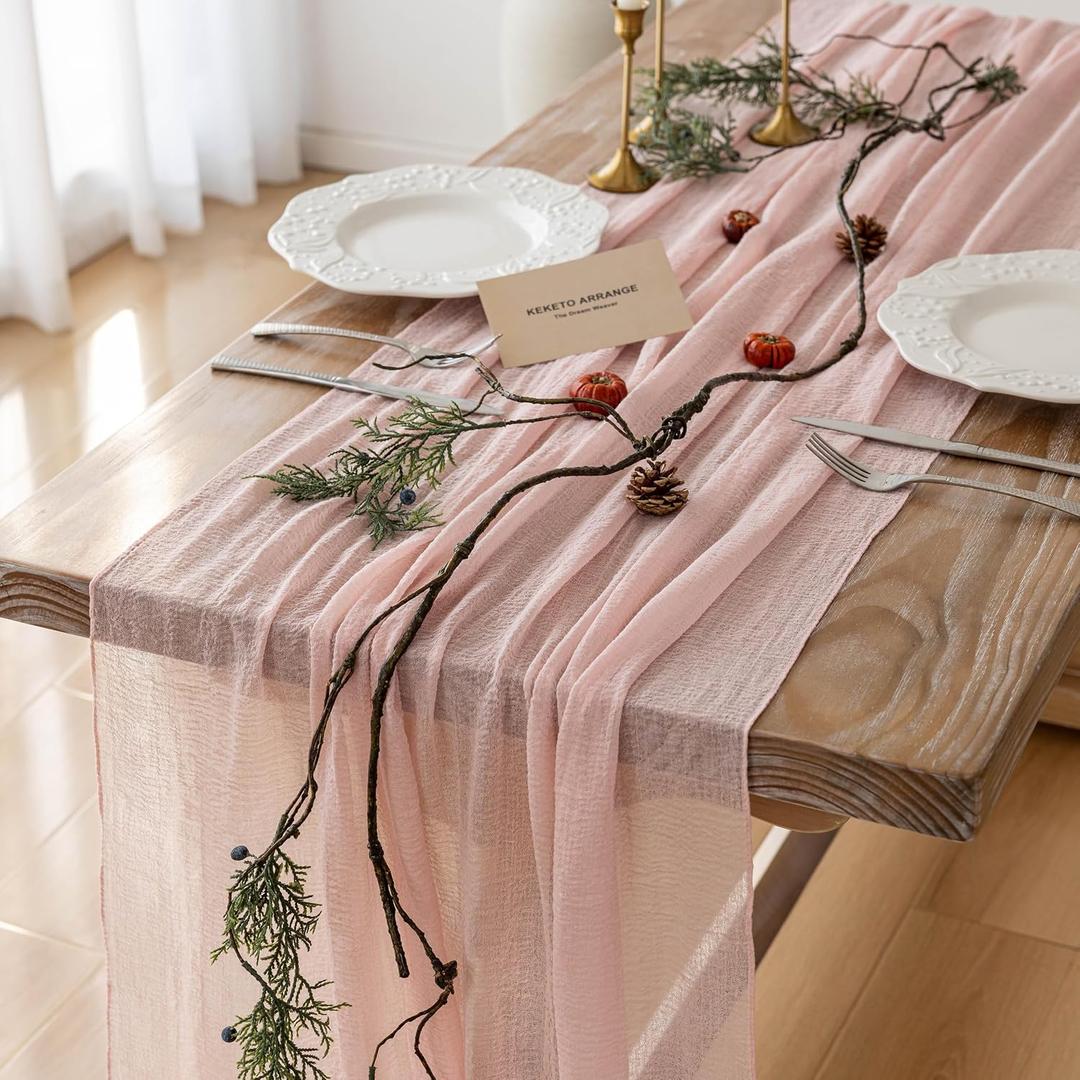 2Pcs Pink Cheesecloth Table Runner 120 Inches for Party Home Decor, 35"x120"