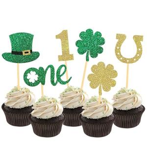 24 Pcs St Patrick's Day 1st Birthday Cupcake Toppers Baby Shower for St Patrick's Day Party Decorations, Four Leaf Clover One Cupcake Toppers for First Birthday Party Decorations (1st Birthday)