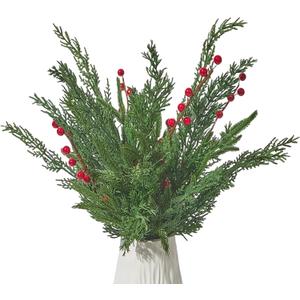 22.8 Inch Christmas Greenery Stems - Artificial Pine Branches, Faux Cedar Cypress Norfolk Pine Picks with Red Berries for Vase Xmas Decor 3 Pcs