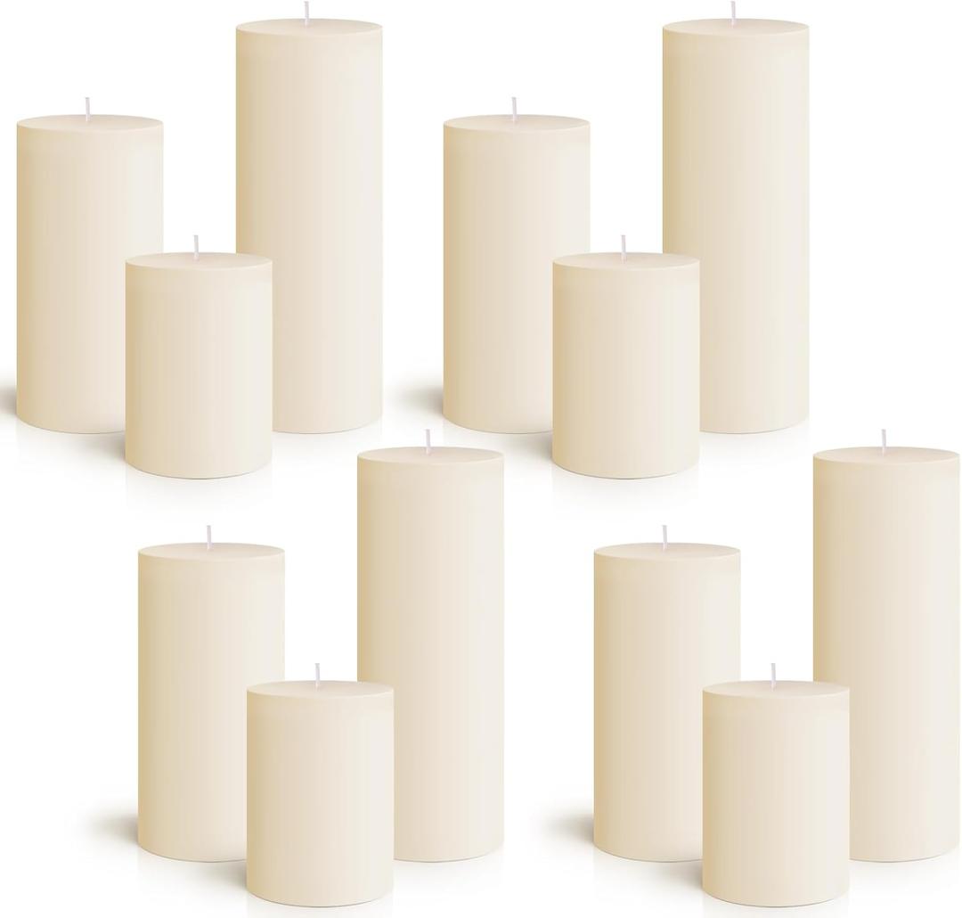 Sumind Set of 12 Poured Pillar Candles 3"x 4", 6", 8" Dripless Unscented Long Clean Burning Rustic Country Style for Wedding, Christmas, Home Decor, Relaxation, All Occasions(Ivory)