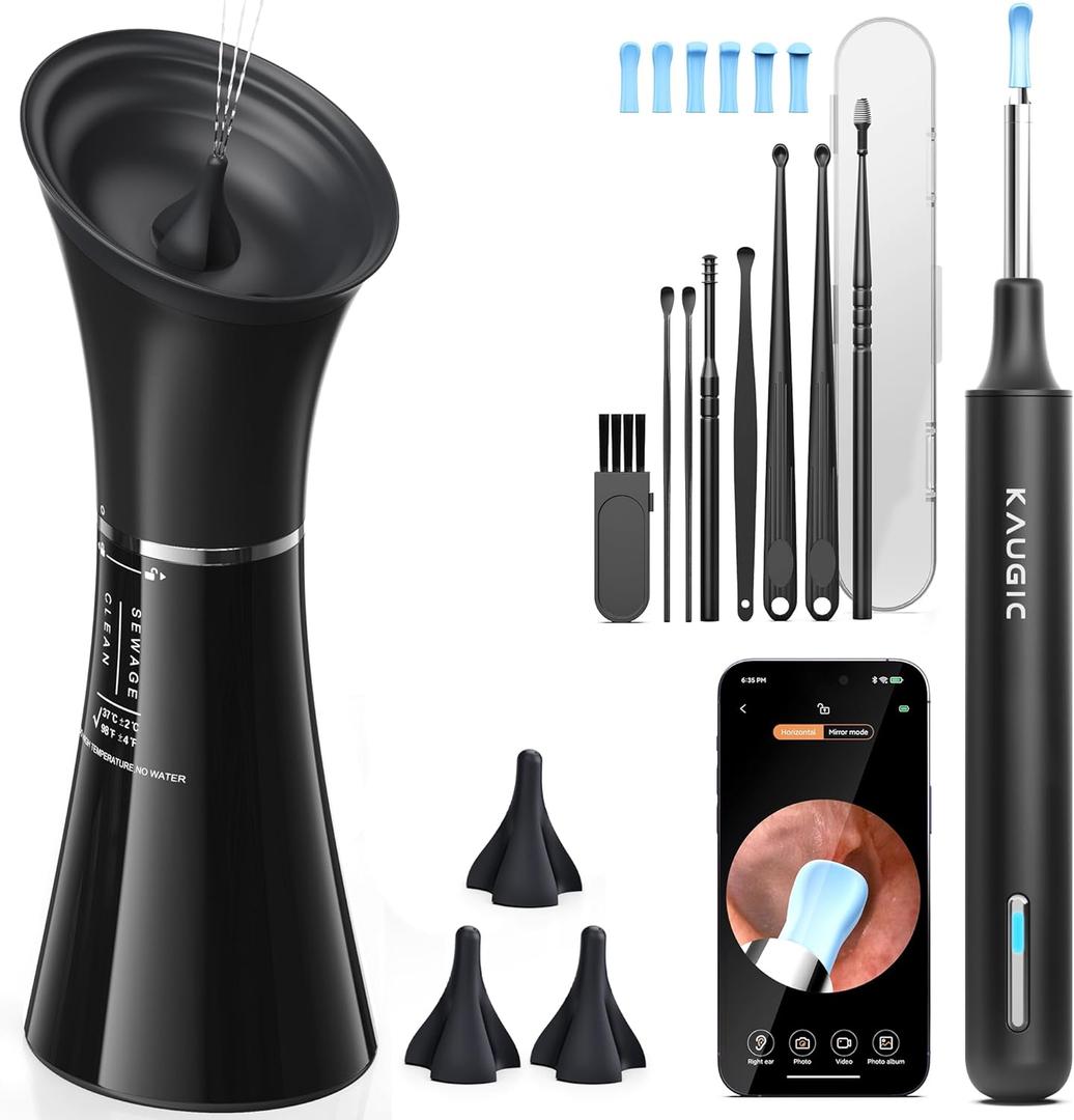 Ear Wax Removal Kit with Camera  Ear Cleaner Tool for Safe & Effective Ear Care  Includes Ear Camera for Visual Inspection & Gentle Ear Irrigation System  Complete Ear Cleaning Solution (Jet Black)