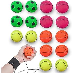 16 Pack 2.36 Inch Wrist Return Ball Wristband Ball Rubber Rebound Bouncy Sport Ball (Basketball, Baseball, Soccer,Tennis) on Elastic String Wrist Exercise or Play,Gift Toy for Kids Teens Adults