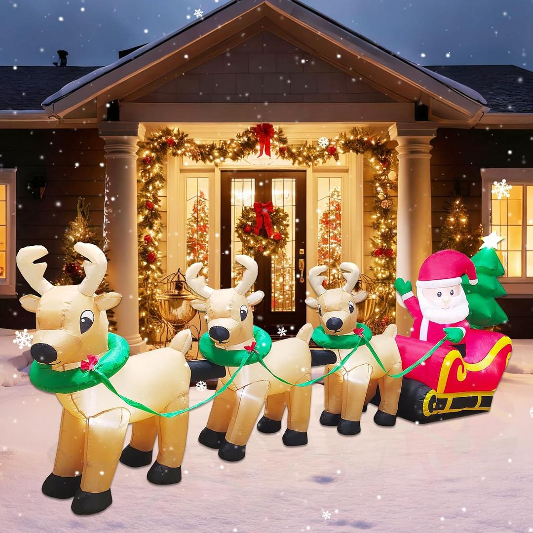 14FT Christmas Inflatables Santa Claus on Sleigh Outdoor Decorations, Santa Claus on Sleigh with 3 Reindeer, LED Lighted Outdoor Yard Decoration for Xmas Party Decor Yard Garden Lawn