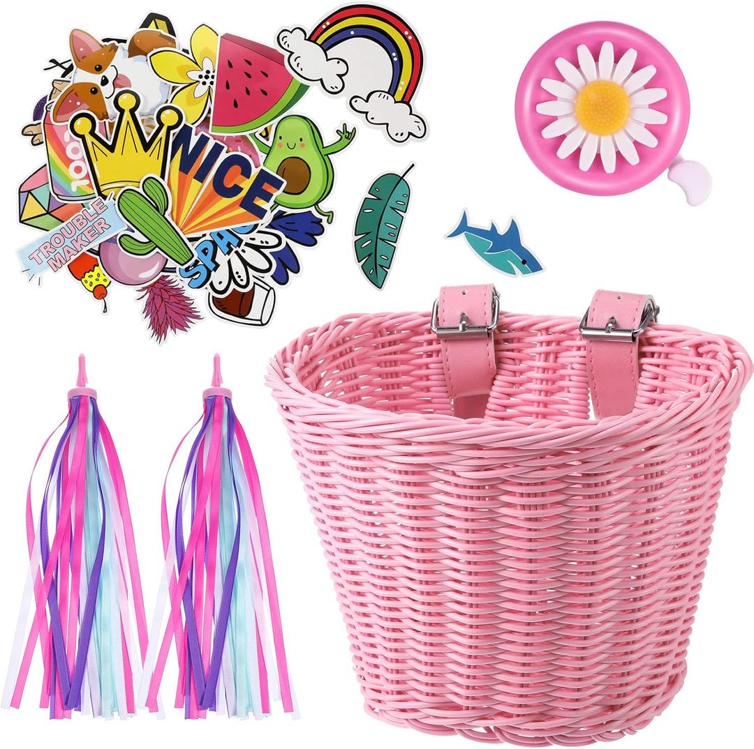 Kid's Bicycle Basket Streamers Set, Children's Bike Handlebar Wicker Basket with Colourful Bike Streamers Bell and Stickers, Bike Decoration Accessories Kit for Girls (Pink)