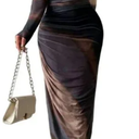 Luxury Printed Bodycon Maxi Dress Long Sleeve Mesh Ruched Elegant Cocktail Purple Navy (Large)