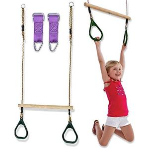 Wooden Trapeze Swing Bar for Kids - 18" Adjustable Height Monkey Bars Rings Swingset Accessories - Ninja Warrior Obstacle Course for Kids - Jungle Gym Accessories Playground Attachments