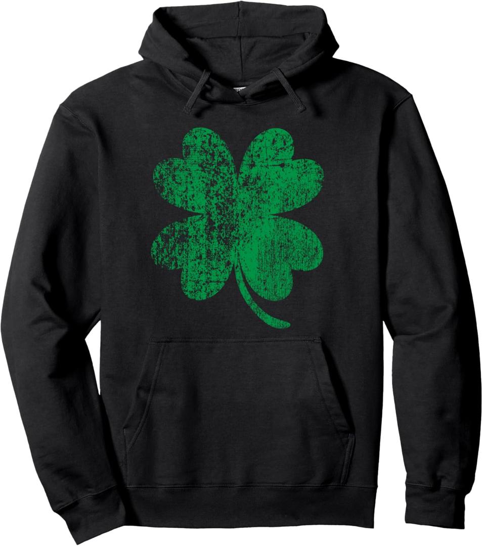 Vintage Faded Retro Four Leaf Clover St Patricks Day Pullover Hoodie (XL, Black)