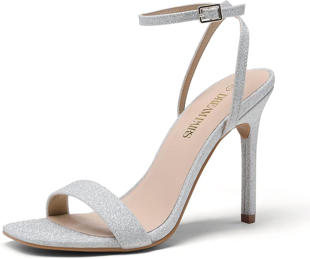 DREAM PAIRS Womens High Stilettos Open Square Toe Ankle Strap Heels Sexy Comfort Strappy Dress Shoes Wedding Bridal Pumps Sandals (8, Silver)