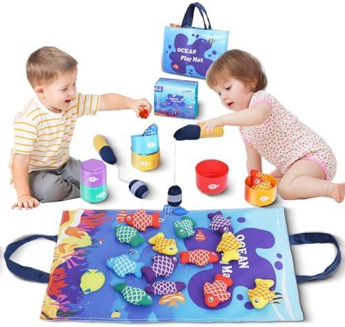 Montessori Toys for 1 Year Old, 27 Pcs Cloth Fishing Game for Toddlers Sorting Toy, Baby Toys for 1 Year Old Boy with Stacking Cups, Fishing Toys for Toddlers 1-3 First Birthday Gifts for Boy Girl