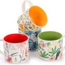 Frcctre Set of 4 Ceramic Coffee Mug Set, Large 15 Ounce Ceramic Tea Cup with Handle, Vintage Hand Painted Floral Porcelain Mug Colorful Restaurant Mug for Coffee, Tea, Milk, Hot Cocoa