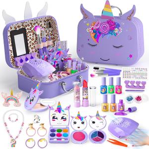 Kids Makeup Kit for Girl - 2 in 1 Kid Washable Makeup Toys & Nail Art Kit with Unicorn Cosmetic Case, Play Makeup for Girls, Real Girl Make up Sets for Christmas Birthday Gifts Toys for 3-12 Year