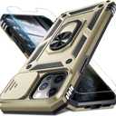 Janmitta Case for iPhone 12 & 12 Pro Phone Cover Built in Slide Camera Lens Cover+Screen Protector,Heavy Duty Shockproof Full Body PhoneCase with Finger Ring Holder Kickstand,Gold