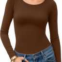 MANGOPOP Womens Tops Long Sleeve Crew Neck t Shirts Double Lined Slim Fitted Lined Tight Basic Tee Shirt (Small, Coffee)