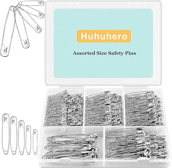 Huhuhero 340 Pack Safety Pins Assorted, Small and Large Safety Pins for Clothes Costume, 5 Different Sizes Nickel Plated Steel Pin Bulk, Sewing Crafts Art Supplies, Silver
