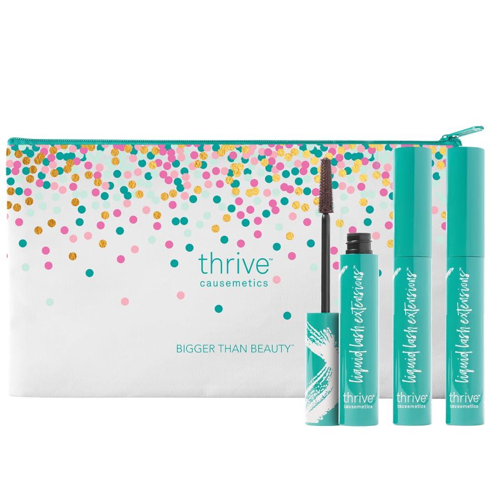 Thrive Causemetics Liquid Lash Extensions Mascara 3 Pack, Tubing Thrive Mascara Lengthening, Makeup Gift Set for Women, Volumizing & Curling, Smudge Proof, Vegan & Cruelty Free, Crystal (Brown Black)