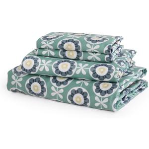 JSD Green Floral Cotton Sheet Set King, 300 Thread Count Printed Sateen Sheets, Soft Breathable Cooling Bed Sheets Deep Pocket