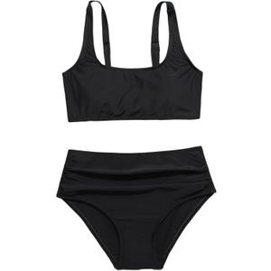 OYOANGLE Girl's 2 Piece Swimsuit Sport High Waist Teen Kids Bikini Set Bathing Suit Swimwear (Black)