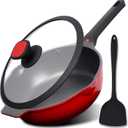 DIIG Nonstick Deep Frying Pan Skillet with Lid, 12 inch/ 5.5 QT Saute Pan with Silicone Spatula, Sauce Cookware Cooking Chef Pans, Cast Aluminum Induction Compatible, Ruby Red