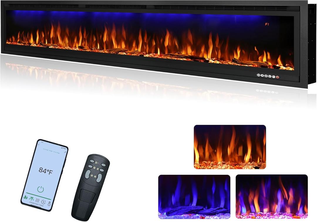 74" WiFi-Enabled Electric Fireplace Insert, APP Smart Control, Wall Mounted&Recessed Linear Fireplace Heater with Thermostat, Flame&Top Lights, Log&Crystal, Timer