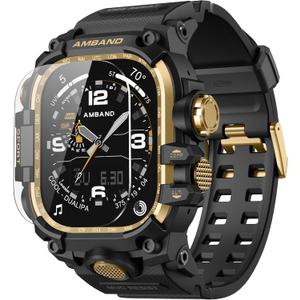 amBand Compatible with Apple Watch Ultra 2/Ultra Bands Case 49mm for Men, M3 Rugged Cover Military Sport Strap with Glass Screen Protector, Heavy Duty Protective Bumper for iWatch 49 mm - Black Gold