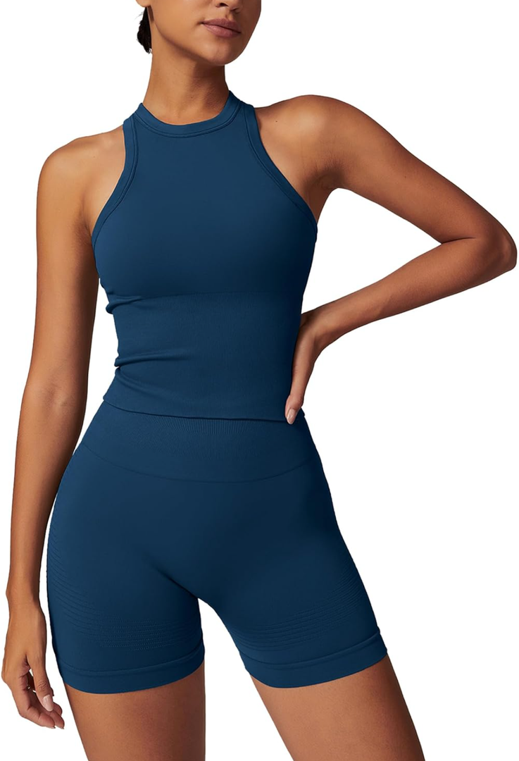 ,ABOCIW Workout Sets for Women 2 Piece Seamless Ribbed Tank Top Sport Bra High Waist Biker Shorts GYM Yoga Exercise Outfits, No Found Size Mark